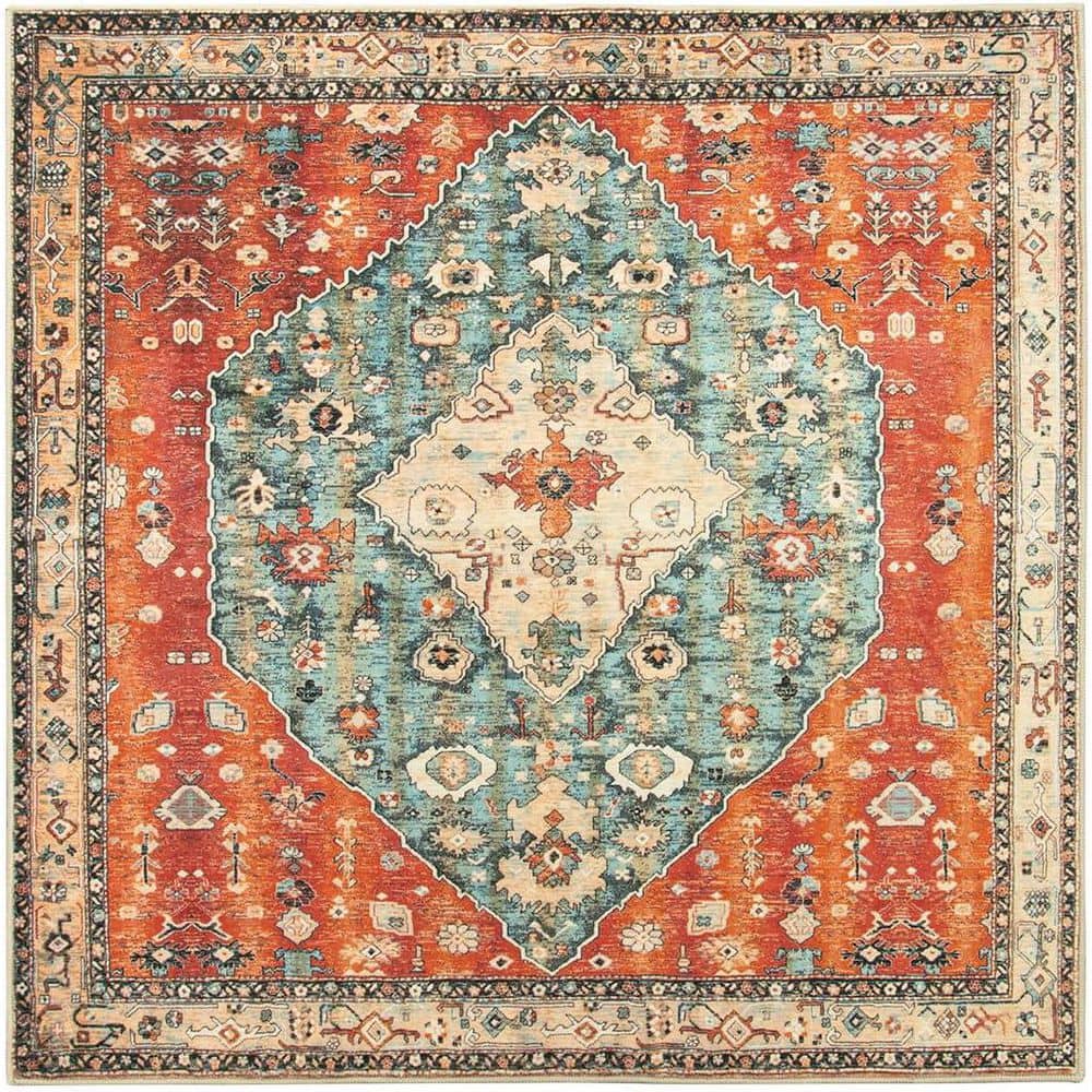 4 X 4 Multi-Colored Square Washable Rug Soft Living Room Kitchen Entry ...