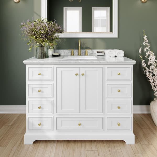 Wyndham Collection Deborah 48 in. W x 22 in. D x 35 in. H Single Sink Bath Vanity in White with White Carrara Marble Top and 46 in. Mirror