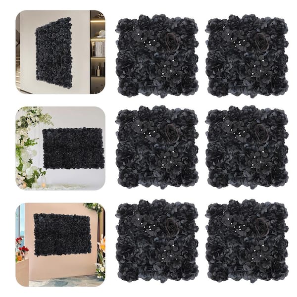 YIYIBYUS 14.96 in. Black 6 Pieces Artificial Dahlias Hydrangeas Flowering Plants Square Wall Panels DIY Background Decor