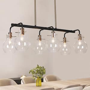 28 in. 6-Light Modern Black Island Chandelier, Globe Clear Glass Kitchen Pendant Light, Farmhouse Brass Light Fixtures