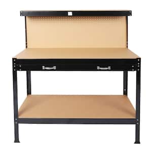 45.3 in. Heavy Duty MDF and Steel Workbench with Drawer and Pegboard Storage, Workshop Tools Table in Black