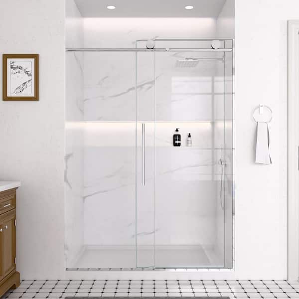 46-48 in. W x 74 in. H Soft-Close Single Sliding Frameless Shower Door in Stainless Steel Chrome in 1/4 in. Clear Glass