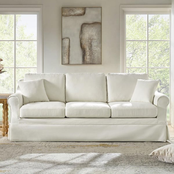 Gaitana White 88 in. W Round Arm Slipcovered Polyester Sofa with Down Blend Fill