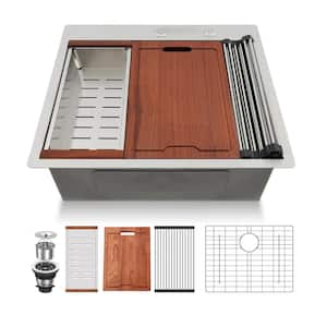 28 in. Single Bowl Drop-In Workstation 16-Gauge Stainless Steel Kitchen Sink with Bottom Grid