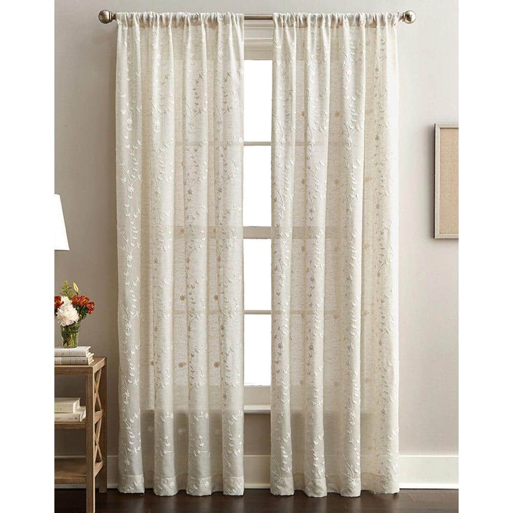 Linen Floral Embroidered Rod Pocket Sheer Curtain - 50 in. W x 95 in. L  1Q40620ALE - The Home Depot