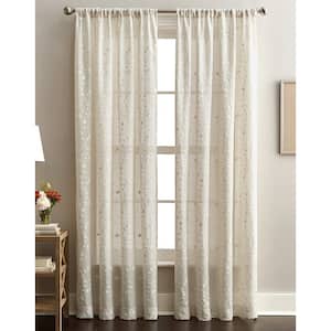 Linen Floral Embroidered Rod Pocket Sheer Curtain - 50 in. W x 95 in. L