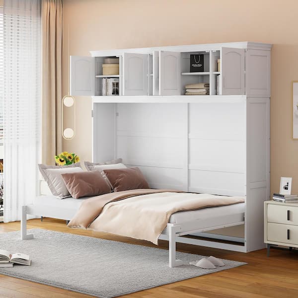 White Wood Frame Queen Size Murphy Bed with Top Cabinets