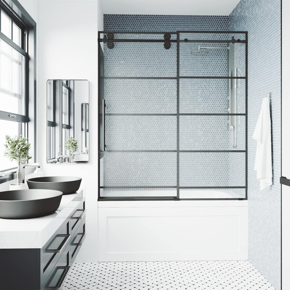Elan 60" Matte Black Frameless Sliding Tub Door with Clear Glass