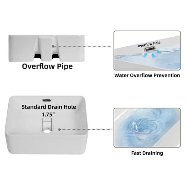 19 in. x 12 in. Rectangular Vessel Sink with Overflow, Modern White Ceramic Above Counter Sink for Bathrooms