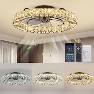 22 in. LED White Crystal Ceiling Fan with Modern Light White Flush Mount Fan for Bedroom