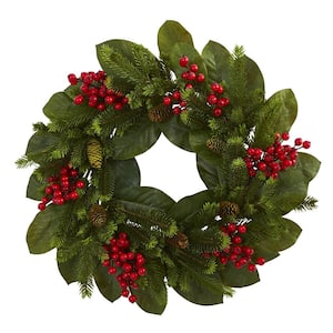 24in. Artificial Unlit Artificial Holiday Wreath with Magnolia Leaf, Berry and Pine