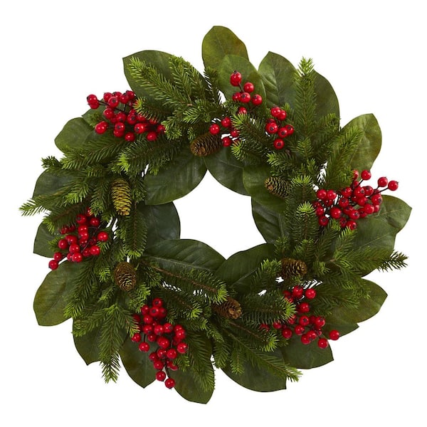 Nearly Natural 24in. Artificial Unlit Artificial Holiday Wreath with Magnolia Leaf, Berry and Pine