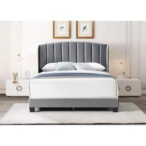Shelby Silver Gray Velvet Upholstered Frame, Full Platform Bed with Curved Vertical Channel Tufted Wingback Headboard