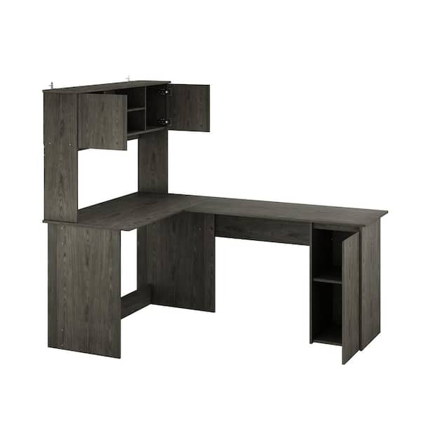 FUFU&GAGA 70.8 in. Width L-Shape Dark Gray Wooden No Drawer Writing Desk with Open Shelves and 3 with Door Storage Cabinet