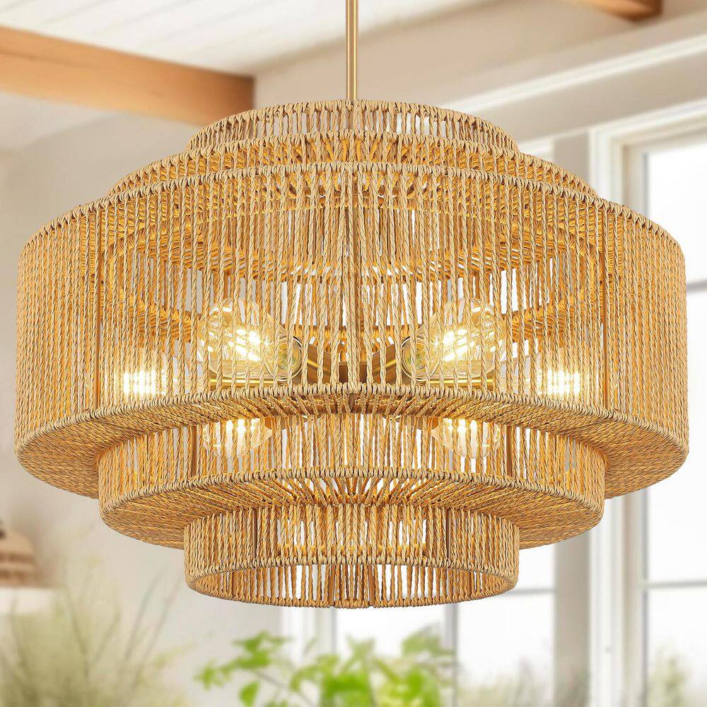 23.62 in. 6-Light Gold Natural Rattan Bohemian Drum Chandelier for Living Room price history on PriceWatchPro