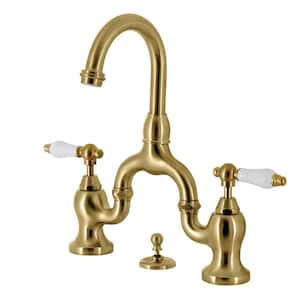 English Country Bridge 8 in. Widespread 2-Handle Bathroom Faucet with Brass Pop-Up in Brushed Brass