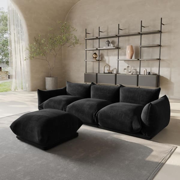 104 in. Flared Arm 4-Piece Chenille 3 Seater Modular Minimalist Convertible Couch Sectional Sofa with Ottoman in. Black
