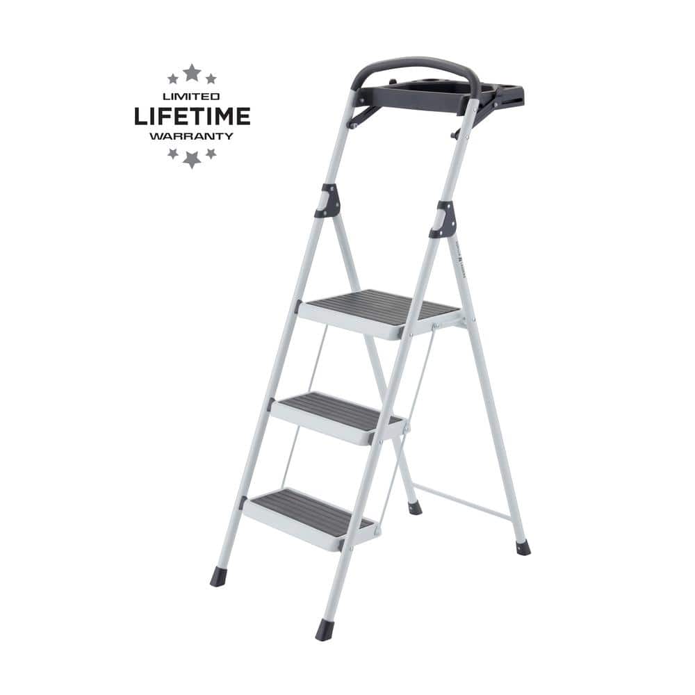 3-Step Steel Lightweight Step Stool with Project Tray, 225 lbs. Load Cap. T