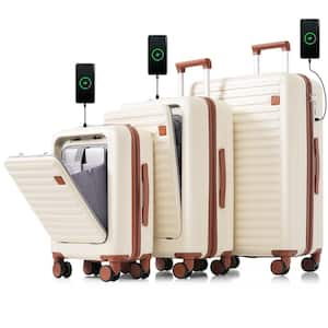 3-Piece Ivory and Brown 20"24"28" ABS Hardshell Spinner Luggage Set with USB Ports, Cup Holders, Front Opening Design