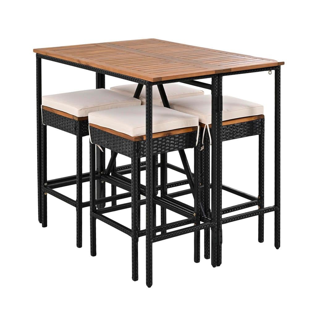 5-Piece Acacia Wood Outdoor Serving Bar Set with Beige Cushions, Wicker High-Dining Bistro Set with Foldable Tabletop price history on PriceWatchPro