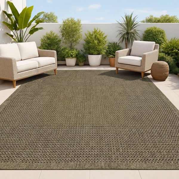 Maxine Easy Jute Contemporary Border Boho Fine Rib Weave Brown 3 ft. x 5 ft. Indoor/Outdoor Area Rug
