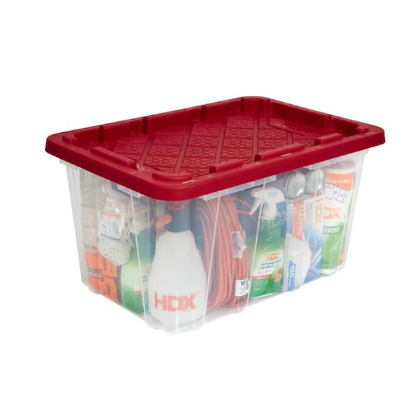 HDX 27 Gal. Tough Storage Tote in Clear with Red Lid 999-27G-C-HDX-R ...