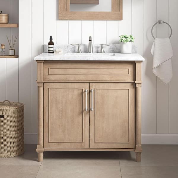 Aberdeen 36 in. Single Sink Antique Oak Bath Vanity with Carrara Marble Top (Assembled)
