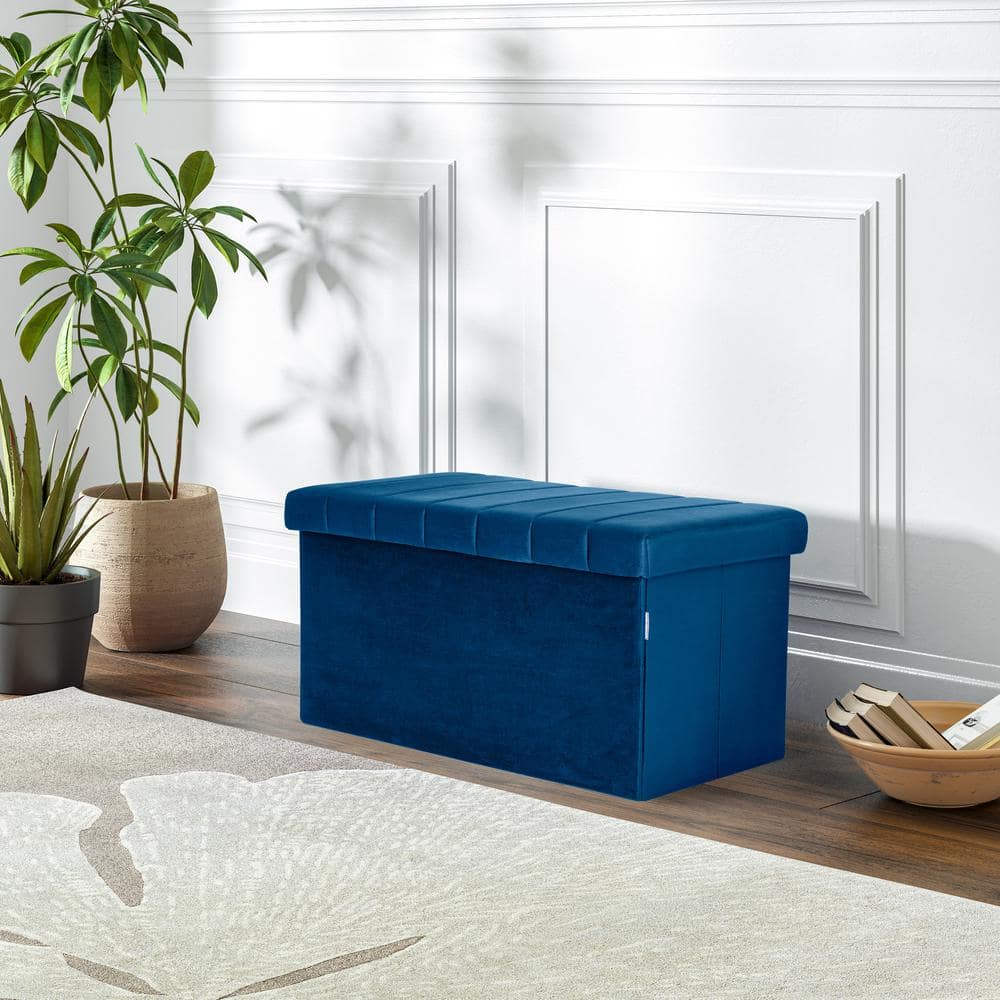 Blue Velvet Tufted Storage Trunk Ottoman, 30 Inch