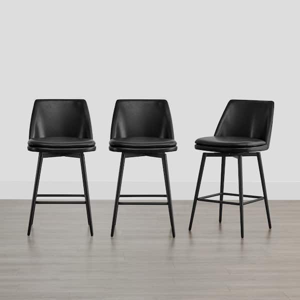 Spruce & Spring Cecily 27 in. Black High Back Metal Swivel Counter Stool with Faux Leather Seat (Set of 3)