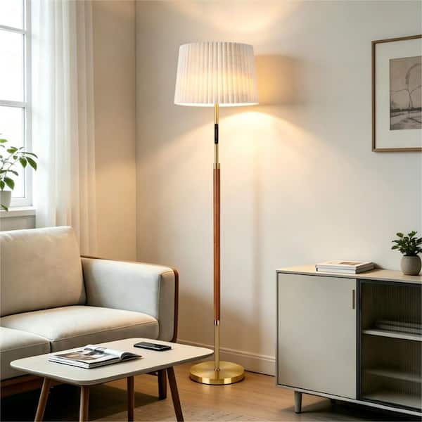 61 in. Walnut 1-Light LED Energy Efficient Standard Floor Lamp with Double Lampshade