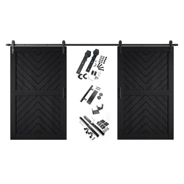 JT4 50 in. x 80 in. C-Panel Black Fishbone Design Double Pine Wood Sliding Barn Door with Hardware Kit