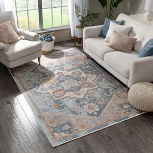 Tivoli Grote Global Vintage Medallion Blue 3 ft. 11 in. x 5 ft. 11 in. Distressed Area Rug