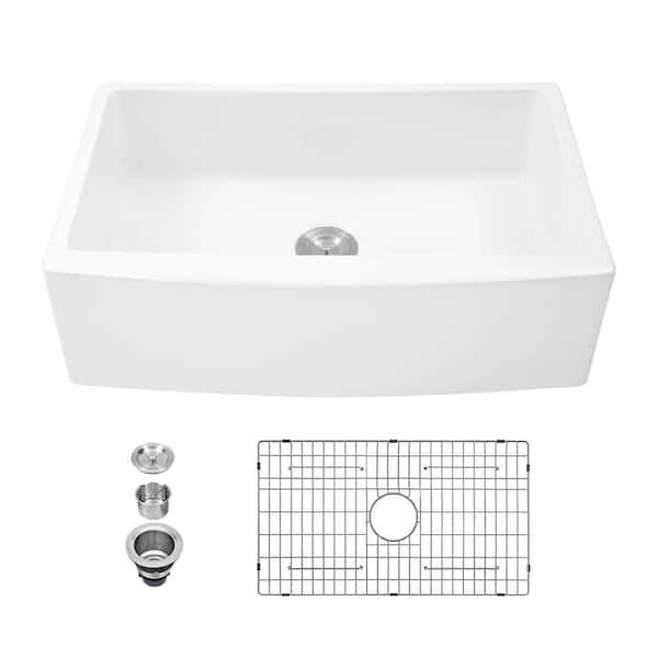 matrix decor White Fireclay 33 in. Single Bowl Farmhouse Apron -Front Kitchen Sink with Accessories