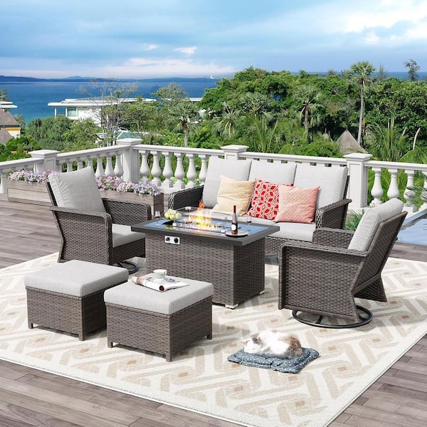 Brafab 6-Piece Outdoor Patio Set with 44 in. Gas Fire Pit Table, Wicker Swivel Rocking Chairs and Cushions, Beige