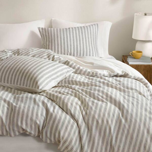 3-Pieces King Stripe Pattern Cotton Blend Duvet Cover Set Tan