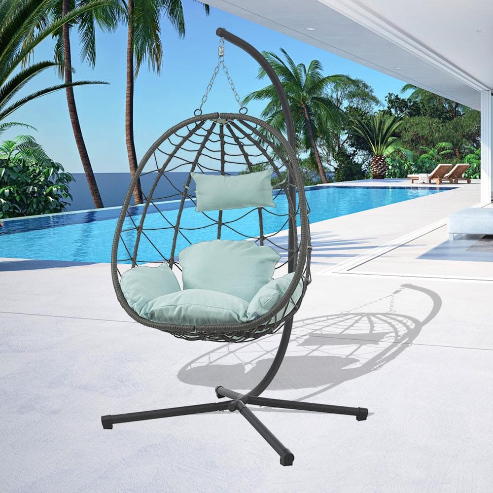 Gray Steel Outdoor Egg Chair with Light Cyan Cushions