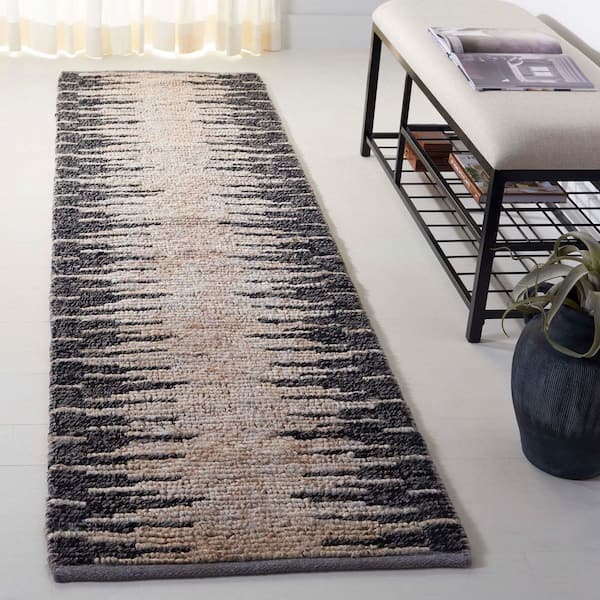 Natural Fiber 2 ft. x 8 ft. Light Gray/Black Abstract Runner Rug