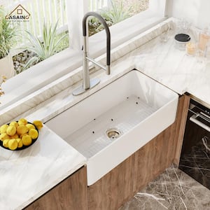 White Fireclay 36 in. Single Bowl Farmhouse Apron Kitchen Sink with Sprayer Kitchen Faucet and Accessories