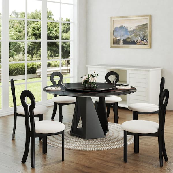 59 in. Black Rotable Lazy Susan Sintered Round Stone Tabletop Black Pedestal Base Kitchen Dining Table (Seats-8)