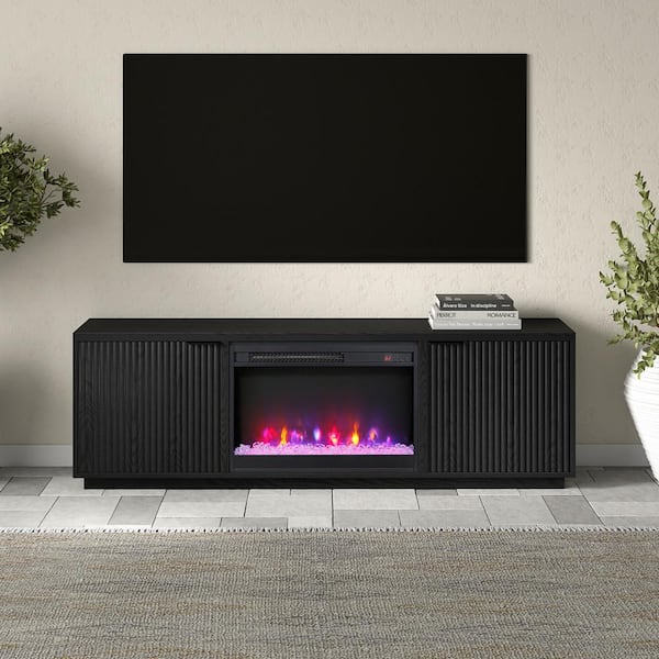 Meyer&Cross Mansfield 70 in. Black Grain TV Stand Fits TV's up to 78 in. with Crystal Fireplace Insert