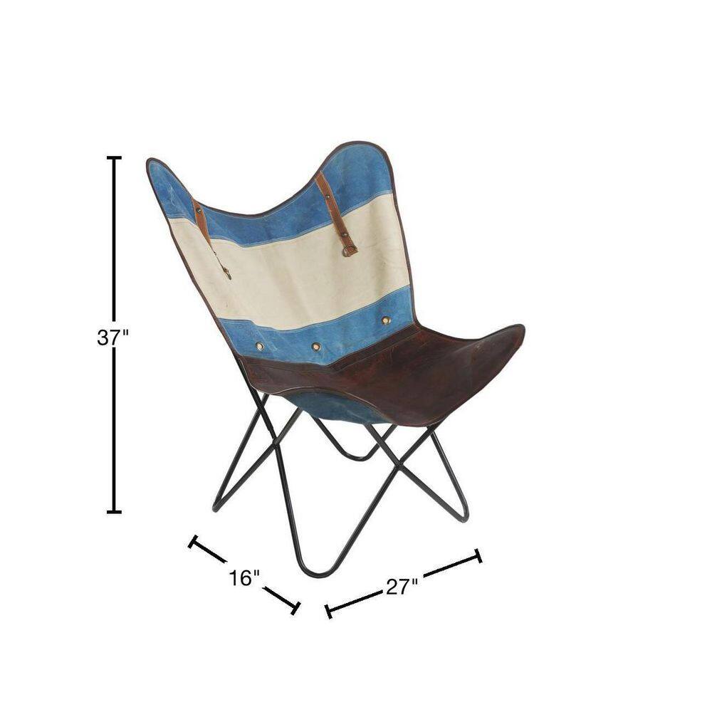 Handcrafted Blue and Ivory Leather Butterfly Chair with Metal Frame