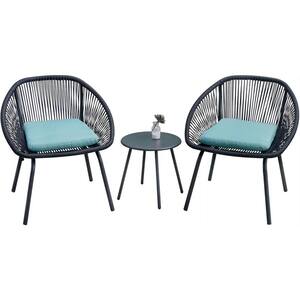 Garden Black Frame 3-Piece 15 in. Round Table and Wicker Rattan Chair Outdoor Bistro Set with Cushion in Green