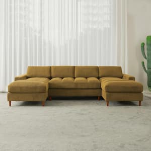 132 in. Square Arm Polyester Corduroy Upholstery U-Shaped Chaise Deep-Seated Oversized 3-Piece Sectional Sofa in Yellow