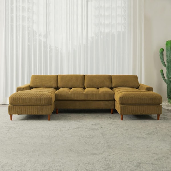 Monland 132 in. Square Arm Polyester Corduroy Upholstery U-Shaped Chaise Deep-Seated Oversized 3-Piece Sectional Sofa in Yellow