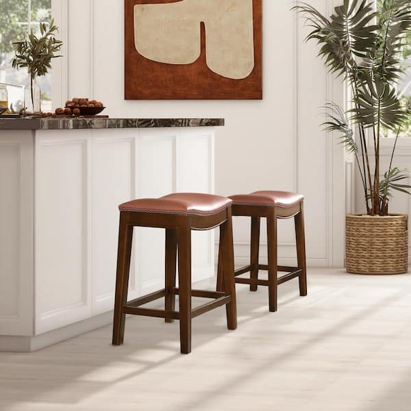 Barlow 24.5 in. Top Grain Leather Backless Saddle Counter Stool in Bourbon Brown Leather