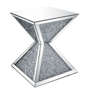 20 in. Silver and Clear Square Glass End Table with Faux Diamonds Inlay