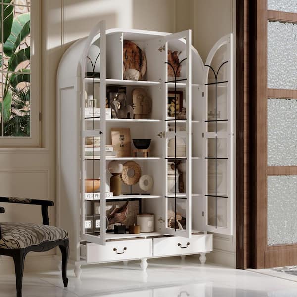 White 77.2 in. H Office Storage Cabinet Arch Top Curio Cabinet Sideboard Paint Finish, With Tempered Glass Doors, Drawer