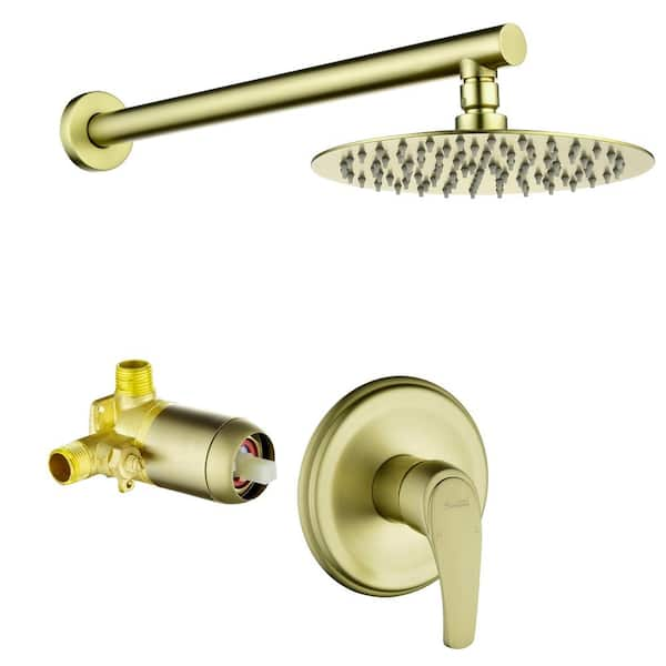 Boyel Living 1-Spray Patterns with 2.5 GPM 8 in. Wall Mount Rain Fixed Shower Head with Single Handle and Valve in Brushed Gold