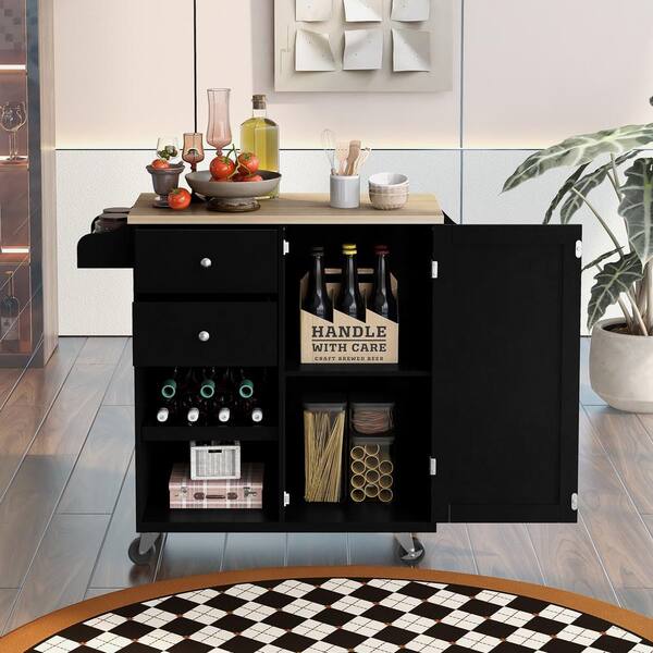 ARTCHIRLY Brown Solid Wood Top 53.1 in. White Kitchen Island with Drop Leaf, Cabinet Door Internal Storage Racks and 3-Drawers