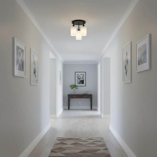 3-Light Black Vintage Cluster Semi Flush Mount with White Glass Shades for Kitchen Island, Living Room, Dining Room